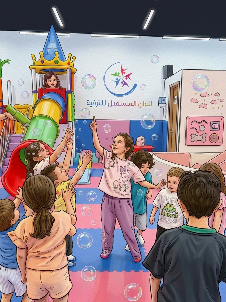 أطفال يلعبون بالفقاعات الملونة داخل المركز