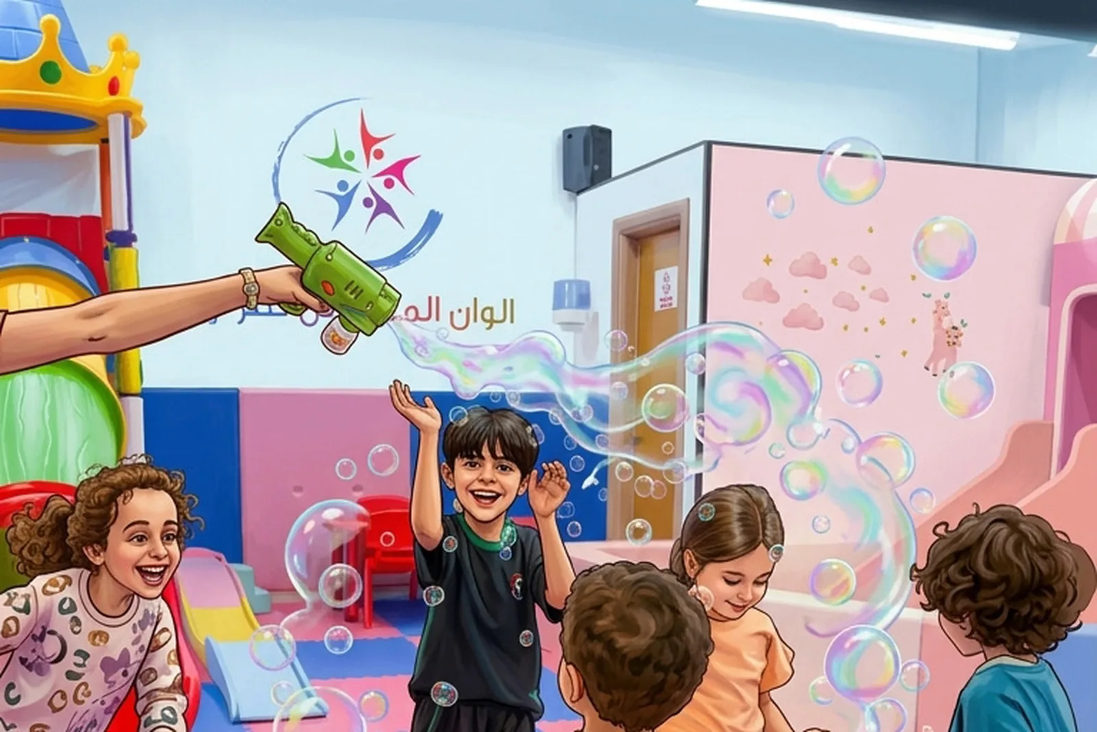أطفال يلعبون بالفقاعات الملونة